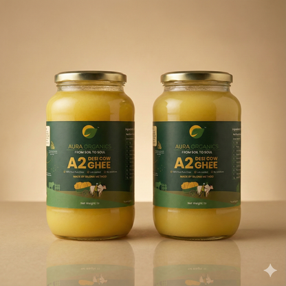 Aura Organics A2 Bilona Cow Ghee – Family Saver Pack (1 L × 2) • Bilona Method • Lab Tested