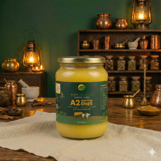 Aura Organics A2 Bilona Cow Ghee – Pure, Lab-Tested Desi Cow Ghee (500 ml) • Bilona Method • Lab Tested