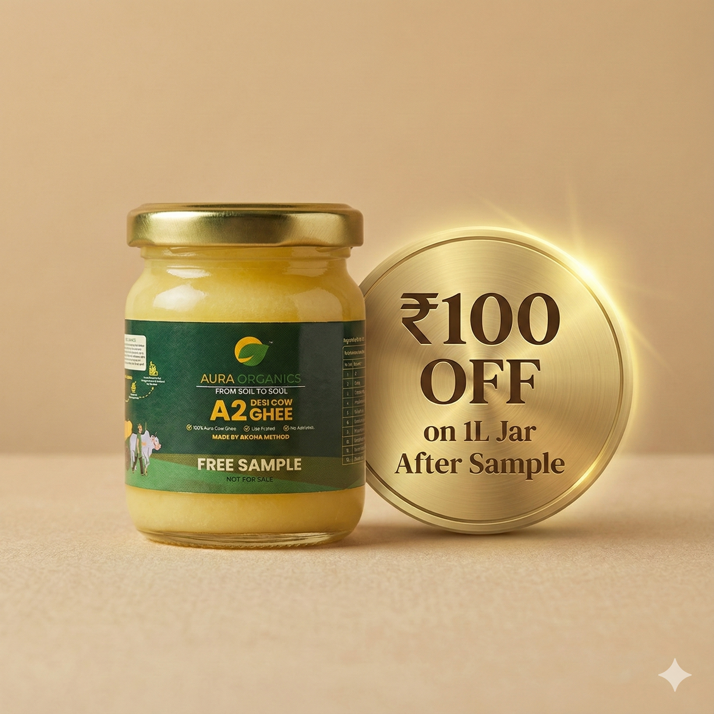 Sample | Aura Organics A2 Bilona Cow Ghee | Lab-Tested, A2A2 Verified | Get for Free