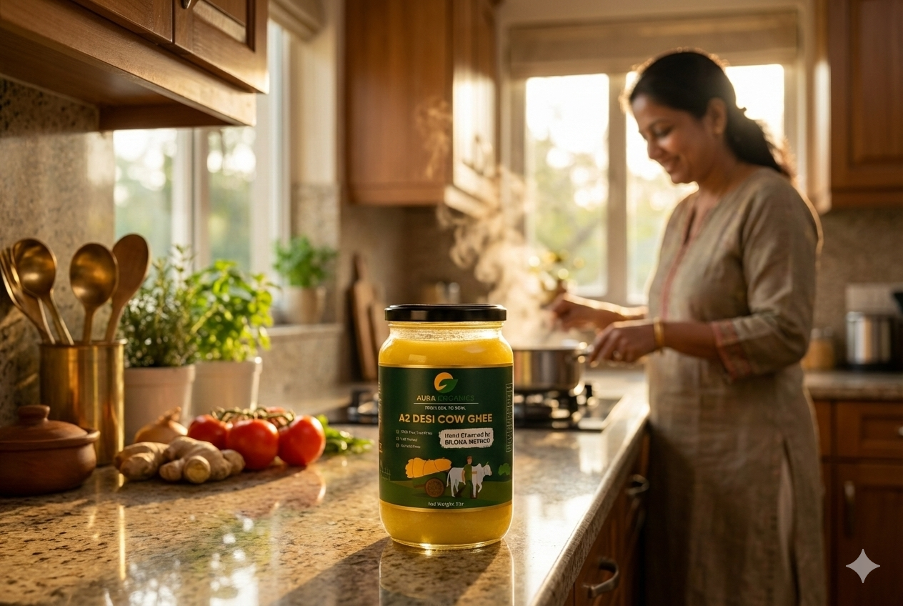 Aura Organic A2 Desi Cow Ghee – 100% Pure • Bilona Method • Lab Tested • 1 liter
