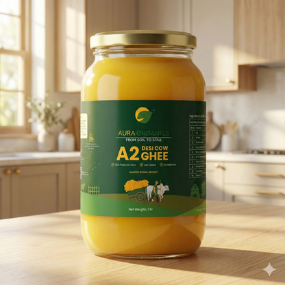 Aura Organic A2 Desi Cow Ghee – 100% Pure • Bilona Method • Lab Tested • 1 liter