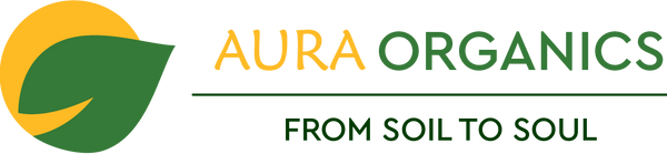 Aura Organics logo with a green leaf and yellow circle on a white background